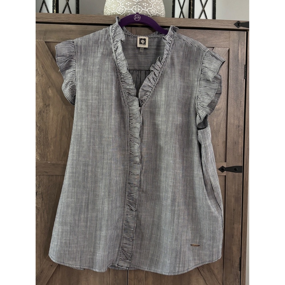 Anne Klein Womens XL Blue White Striped Ruffle Sleeve Button Front Blouse Top
